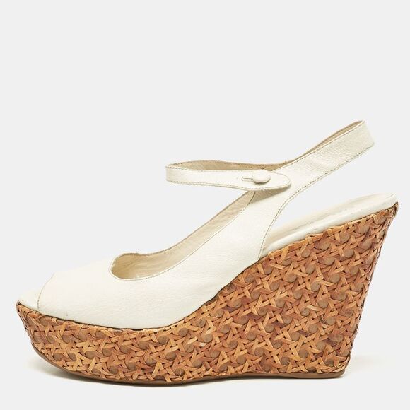 Prada White Leather Platform Wedge Ankle Strap Sandals Size 40